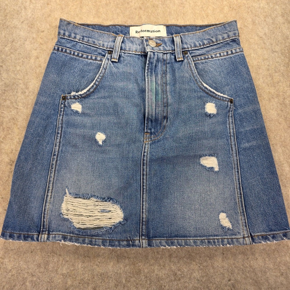 Reformation Distressed Denim Mini Skirt Medium Wash Raw Hem Size  26